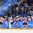 GANGNEUNG, SOUTH KOREA - FEBRUARY 22: Canada's Marie-Philip Poulin #29, Melodie Daoust #15 and Meghan Agosta #2 celebrate at the bench after a second period goal against the U.S. during gold medal game action at the PyeongChang 2018 Olympic Winter Games. (Photo by Andre Ringuette/HHOF-IIHF Images)

